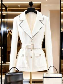 Franclia Women's Blazer Jacket, Collar Knitted Black, Contrast Apricot & Black Trim, Metal Buttons, Metal Buckle Belt - Apricot - View 1