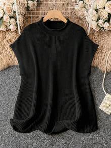 SHEIN LUNE Áo len dệt kim tay ngắn cổ đứng màu trơn cỡ lớn cho nữ, màu đỏ tía, thu/đông - màu đen - Xem 1