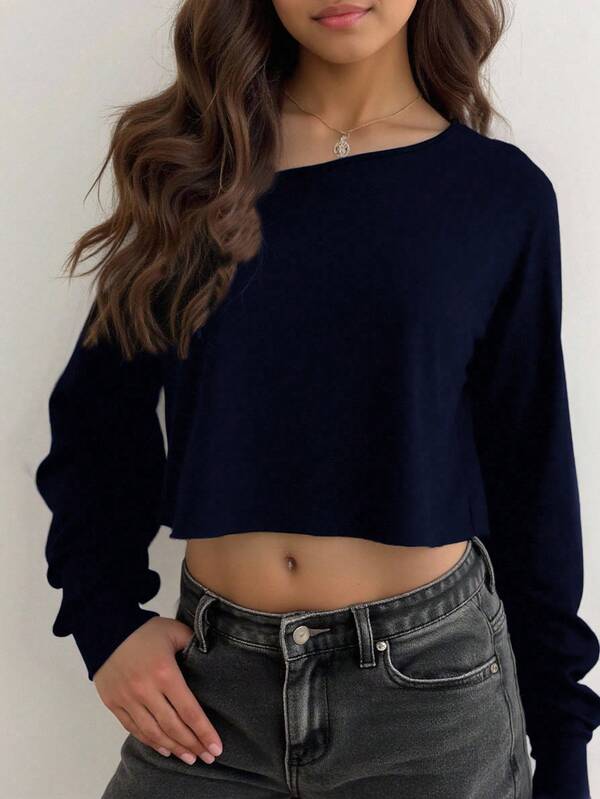 Casual Fashion Oblique Shoulder Long Sleeve Grey T-Shirt For Older Girls Fall Winter