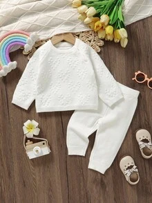 SHEIN Vintaside Kids Baby Girl Casual Raglan Sleeve Sweater And Knitted Pants Set, Autumn/Winter Fall - White - View 1