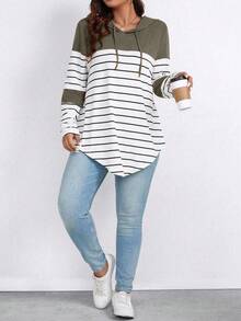 EMERY ROSE Plus Size Color Block Striped Hooded Casual T-Shirt Graphic Tees Women Tops - Army Green - View 6