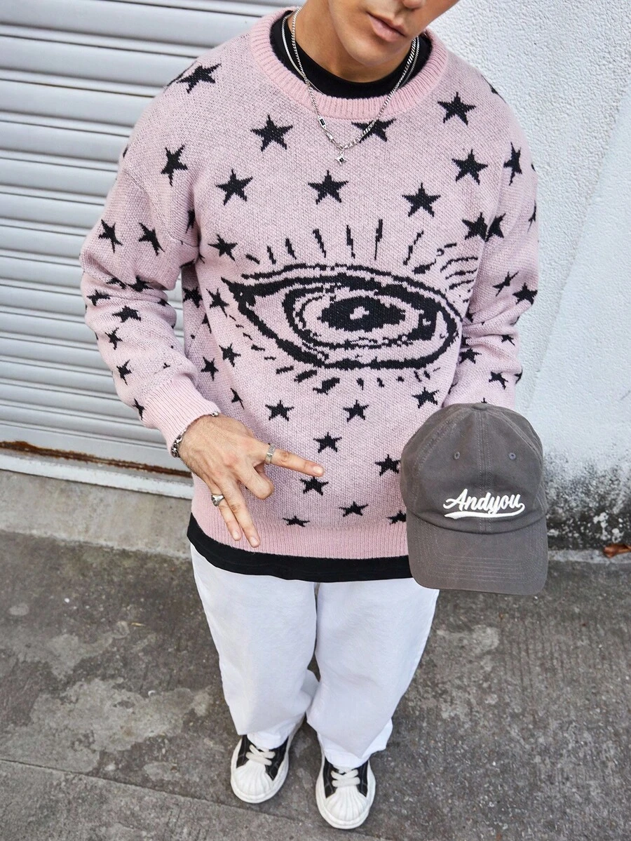 Manfinity CasualKnits Men's Minimalist Print Crew Neck Long Sleeve Knit Sweater, Fall/Winter - Pink - View 1