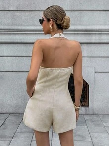 Chiquease Bộ đồ liền thân ôm sát eo cao cổ chữ V không tay mùa hè dành cho nữ - Màu be - Xem 2