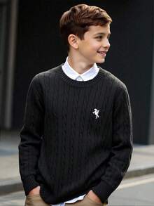 SHEIN Tween Boy Jacquard Embroidered Pattern Sweatshirt,Vintage Black And White,Autumn School Back-To-School,Fall Winter Solid Color Boy's Sweatshirt - Black - View 2