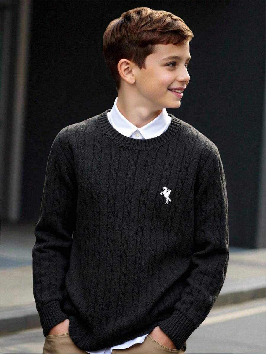 SHEIN Tween Boy Jacquard Embroidered Pattern Sweatshirt,Vintage Black And White,Autumn School Back-To-School,Fall Winter Solid Color Boy's Sweatshirt