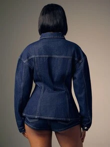 Denimoi Cinched Waist Collared Button Down Long Sleeve Denim Top - Dark Wash - View 2