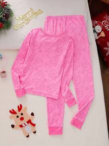2pcs/Set Girls' Snug Fit Pants And Long Sleeve Pajama Set Snug Fit Pink Girl Clothes - Pink - View 2