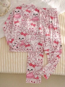 Girls Cute Rabbit Print Long Sleeve Loungewear Set, Comfortable & Casual Fall Winter - Pink - View 2
