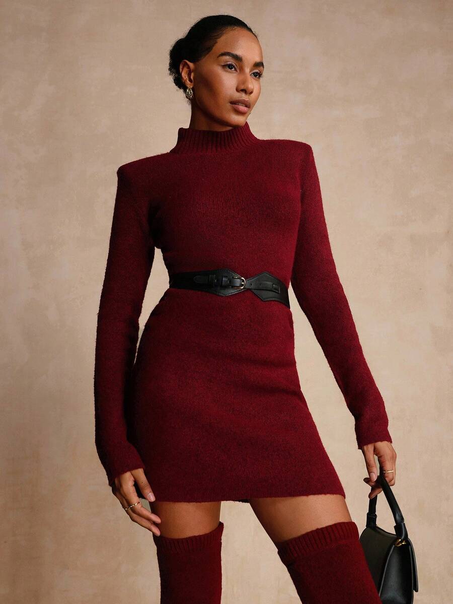 Vesra 2 piezas Conjunto de vestido de suéter y cinturón de unicolor para mujer, otoño - Burdeos - Ver 1