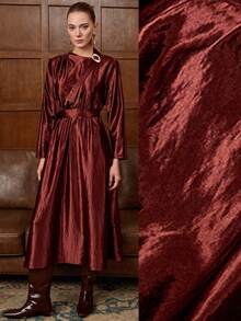 Lyxana Women's Satin Collar Metal Button Decor Ribbon Waist Tie Bow Drop Shoulder Long Sleeve Dress, Solid Color, Angora Red, Elegant Office Commute Streetwear, Winter Fashion Versatile, Workplace, Thanksgiving, Party, Autumn/Winter - Burgundy - View 3