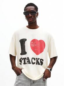 SUMWON I Love Stacks Classic Print Statement Cotton T-Shirt Boxy Fit Oversized Retro Graphic Love Heart Tee Urban Casual Streetwear