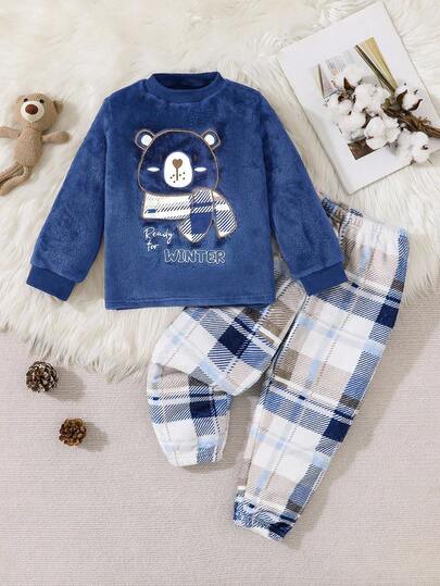 Conjunto de ropa de estar en casa de manga larga con estampado de oso de dibujos animados marrón para niños pequeños, de tela de calidad cómoda, casual y de moda, adecuado para reuniones familiares, otoño/invierno