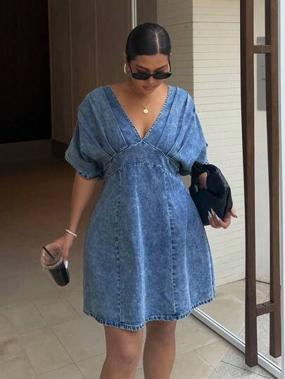 Dripcurv Plus Size Casual Washed Denim Batwing Sleeve Dress Blue Jean Dress Short Sleeve Denim Dress