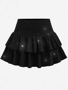 SHEIN Girlism 青少年女孩裙子 - 瑜伽、紧身裤、休闲、运动、学校、返校、黑色衬裙双褶边蛋糕裙迷你裙、春夏、凉爽、基本款、日常、百搭、运动时尚夏季、返校季、校服 - 黑色 - 查看 2