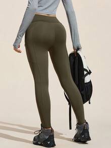 SHEIN Sports 全新高端户外徒步运动女式口袋紧身裤 - 軍綠色 - 查看 5