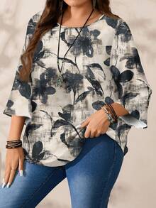 EMERY ROSE Plus Size Floral Print Casual Round Neck 3/4 Sleeve Blouse, Suitable For Spring And Autumn - Multicolor - View 4