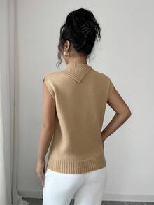 Elenzga Asymmetric Collar Ribbed Design Minimalist Style Women Knitted Vest - Camel - View 2