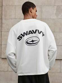 SWAVVY Moletom masculino com estampa de letras, gola redonda, manga comprida - Branco - Ver 1