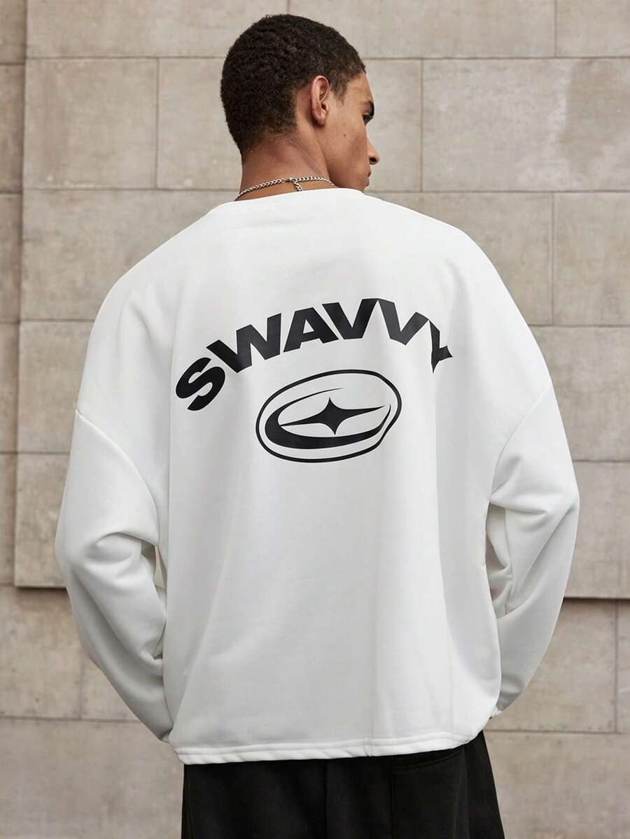 SWAVVY Moletom masculino com estampa de letras, gola redonda, manga comprida - Branco - Ver 1