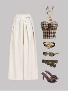 SHEIN MOD 秋冬高腰宽松百褶西装裤 - 卡其色 - 查看 1