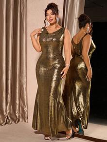 Cravure Plus Size Women U-Neck Draped Waist Dress, French Elegant Luxury Banquet Intellectual Graceful Party Romantic Dress, Wedding Guest, Evening Gown, Formal Dress - Gold - View 4