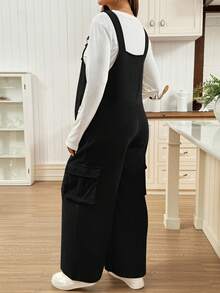 SHEIN 孕妇纯色实用口袋休闲阔腿连体裤，秋季 - 黑色 - 查看 2