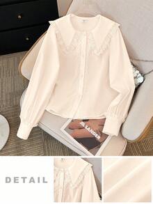 SHEIN 优雅蕾丝边长袖杏色衬衫，适合少女毕业季穿着 - 杏色 - 查看 9