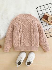 SHEIN 1pc Young Boys Casual Loose Fit Round Neck Pullover Striped Button Front Long Sleeve Comfortable Warm Knitted Sweater, Suitable For Outdoor School, Garden, Beach, Birthday, Baby Shower Party In Autumn/Winter - Khaki - View 4