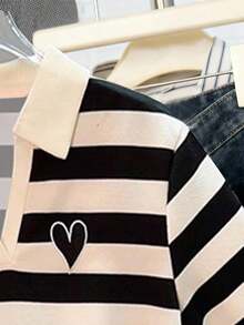 SHEIN Women's Casual Polo Shirt Dress,Fashion Design Black And White Striped,Summer,School,Back-To-School,Daily Wear,Street Photography Must-Have Dress - Multicolor - View 3