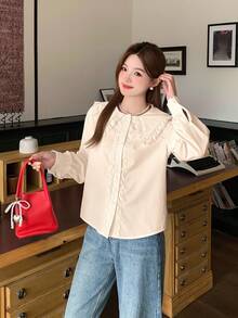 SHEIN 优雅蕾丝边长袖杏色衬衫，适合少女毕业季穿着 - 杏色 - 查看 8