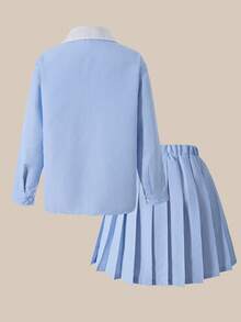 SHEIN Explorewe Tween Girls Blue Striped Collar White Long Sleeve Shirt, Blue & White Striped Pleated Skirt, Fashion Casual Versatile Autumn/Winter Shirt & Skirt Set, Can Be Paired With Jacket, Coat Fall - Blue - View 3