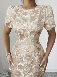 Elenzga 圆领泡泡袖短款连衣裙，收腰，纹理，金色提花，优雅复古中长连衣裙，适合春季、夏季和初秋 - 粉色 - 查看 6