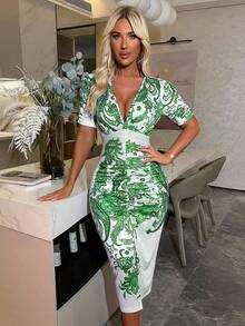 Xyvia Váy midi xếp nếp họa tiết hoa hạt điều màu xanh dương, màu trắng, gợi cảm và lãng mạn cho kỳ nghỉ dành cho nữ - màu xanh lá - Xem 1