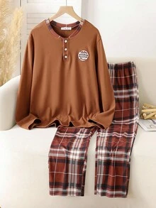 男士休闲格子领刺绣长袖上衣和裤子两件套家居服套装