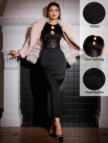 EMERY ROSE 女士优雅别致性感透明蕾丝拼接新中式露背镂空连衣裙 - 黑色 - 查看 2