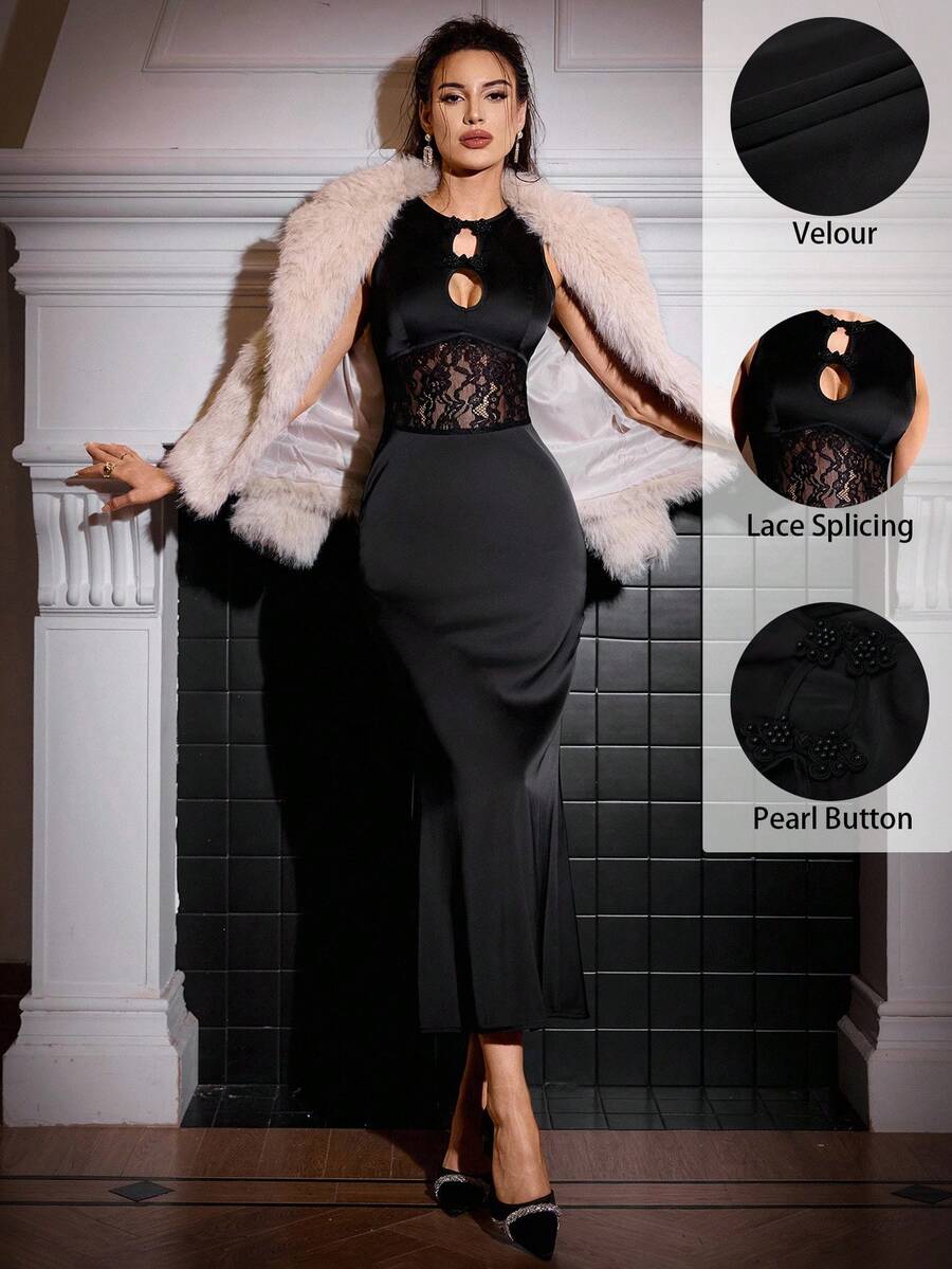 EMERY ROSE 女士优雅别致性感透明蕾丝拼接新中式露背镂空连衣裙