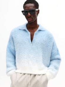 SUMWON Quarter Zip Fuzzy Knit Polo Jumper Ombre Effect Pullover Sweater Winter Lounge Cozy Textured Fleece Modern Minimalist Collared Top - Blue and White - View 3