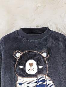 Toddler Boys' Brown Cartoon Bear Pattern Fleece Long Sleeve Top And Pants Homewear Set, Comfortable Quality Fabric, Casual And Fashionable, Suitable For Family Gatherings, Autumn/Winter - Light Grey - View 3