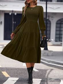 EMERY ROSE 1 件休闲纯色泡泡袖收腰连衣裙，适合秋季勃艮第长裙女装长袖长裙勃艮第连衣裙女装优雅连衣裙长袖 - 橄欖綠 - 查看 4