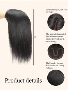 ZERO-NET Tóc giả bằng tóc thật 16 inch, đế 8*10 inch, tóc giả ren, tóc đen thẳng có mái, che tóc bạc - SNatural - Xem 3