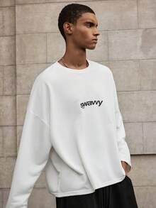 SWAVVY Moletom masculino com estampa de letras, gola redonda, manga comprida - Branco - Ver 2