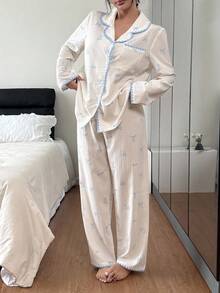 SHEIN 女士新款休闲可爱蕾丝边长袖上衣和裤子睡衣套装，秋冬服装 - 彩色 - 查看 2