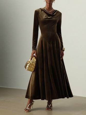 Vesra Elegant Commuter Velvet Draped Neck Dress
