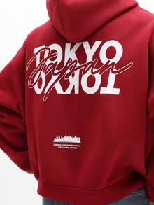 SUMWON Tokyo Graphic Back Print Hoodie Streetwear Urban Style Drawstring Hooded Sweatshirt Japanese City Design Casual Fall Winter Pullover - Red - View 3