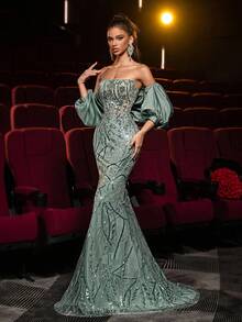 Glamrae Elegantes grau-grünes Luxus 3D-Pailletten-Trägerloses Maxikleid mit hoher Taille und Fischschwanz-Silhouette, mit abnehmbaren Schalärmel, geeignet für alle formellen Anlässe, Abschluss, Hochzeit, Gala-Events