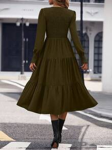 EMERY ROSE 1 件休闲纯色泡泡袖收腰连衣裙，适合秋季勃艮第长裙女装长袖长裙勃艮第连衣裙女装优雅连衣裙长袖 - 橄欖綠 - 查看 2