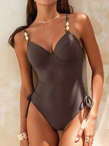 Swim Chiccia Women's Brown Tight Sexy Drawstring Elegant Beach One Piece Swimsuit, Summer - Brown - View 1