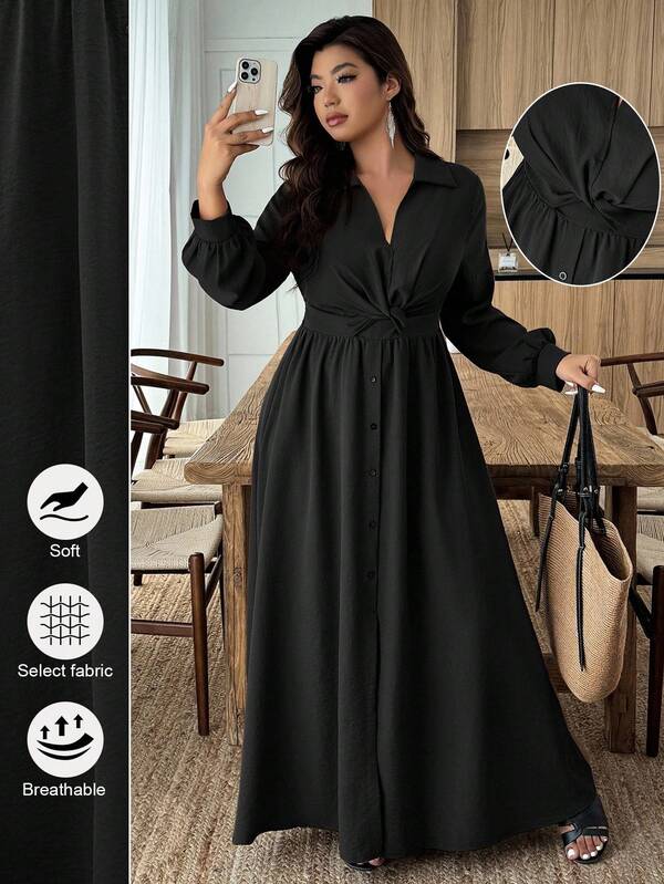 Weeklong Vestido plus size feminino, cor sólida, casual, minimalista, manga comprida, cintura marcada