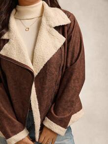 Zelara 加大码女式摩托车风格拉链休闲夹克，秋冬女式棕色夹克仿麂皮夹克羊羔绒夹克女式外套女式秋季夹克女式秋季服装女式西部服装女式夹克 - 卡其色 - 查看 4