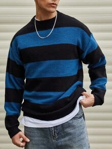 Manfinity CasualKnits Jersey de punto holgado de cuello redondo, de manga larga y hombros caídos, casual y versátil para hombre, para otoño e invierno - Azul - Ver 4